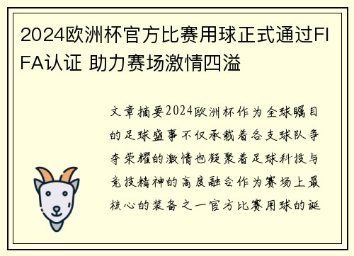 2024欧洲杯官方比赛用球正式通过FIFA认证 助力赛场激情四溢