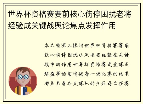 世界杯资格赛赛前核心伤停困扰老将经验成关键战舆论焦点发挥作用